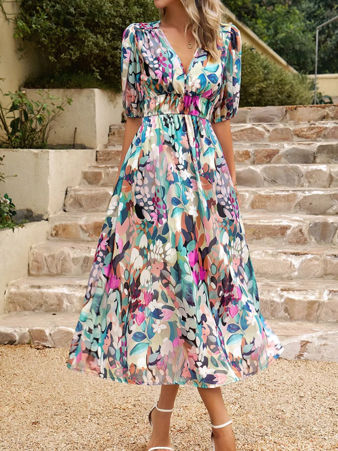 Printed Puff Sleeve Midi Dress.