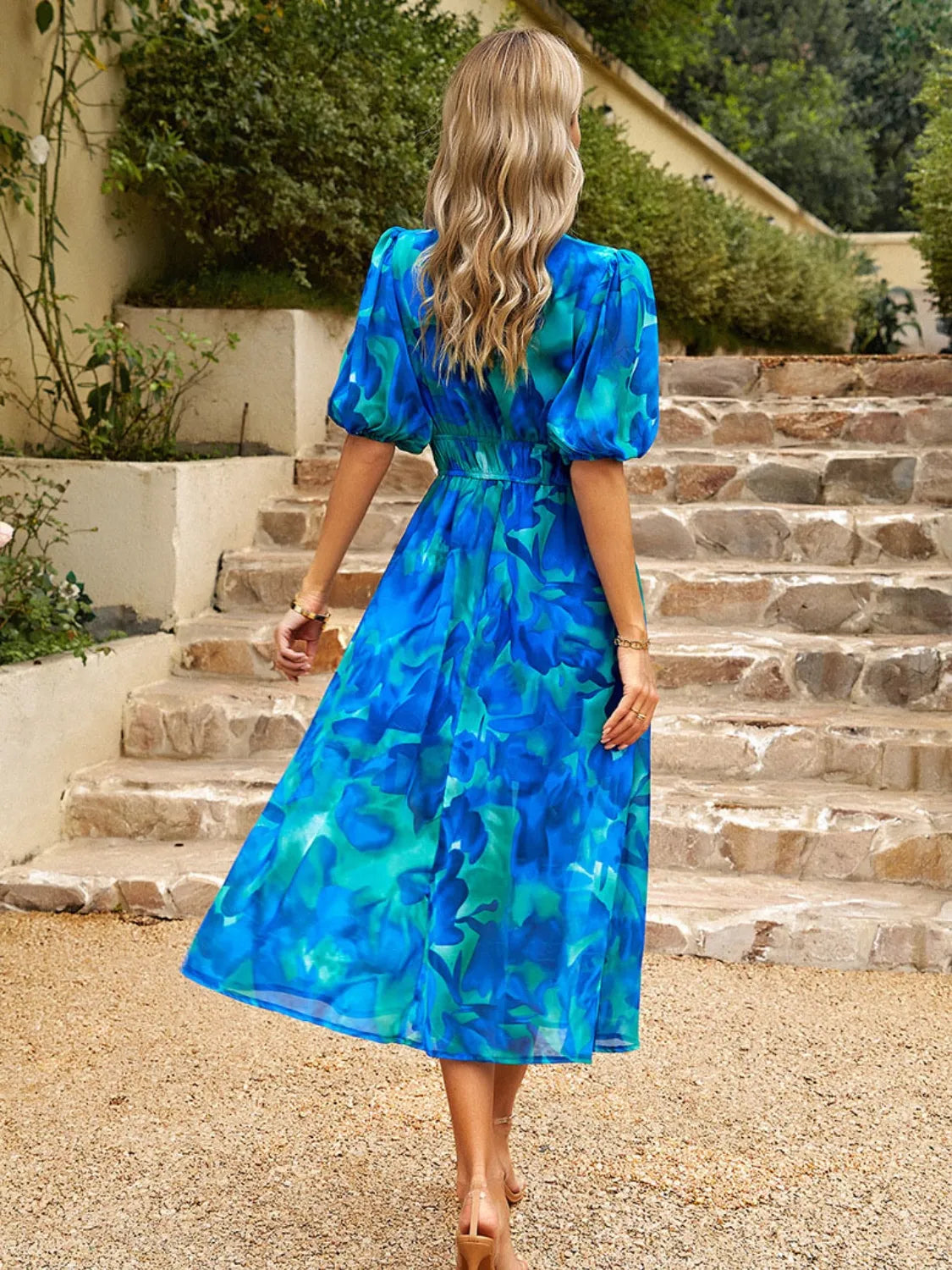 Printed Puff Sleeve Midi Dress.