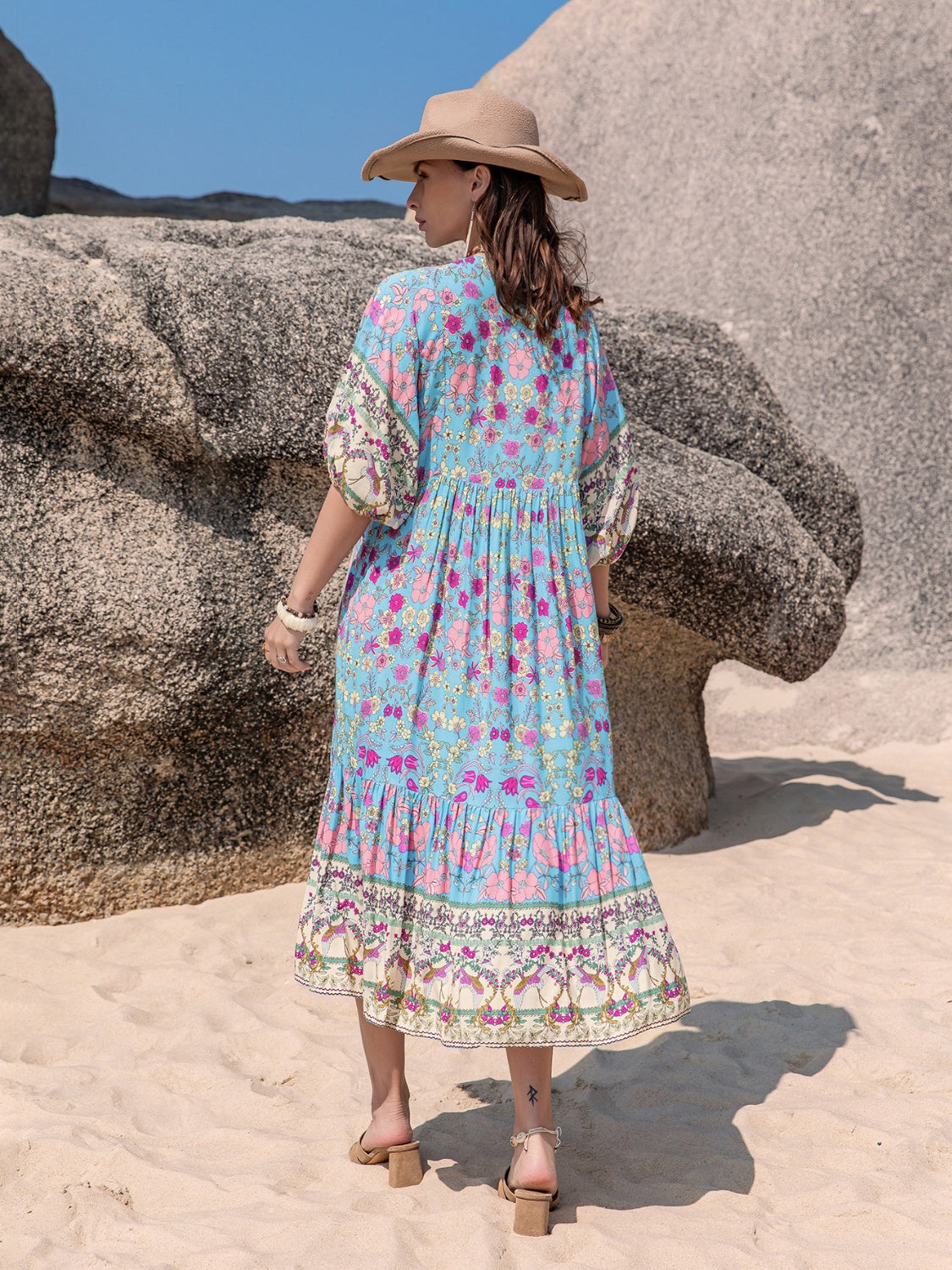 Printed Puff Sleeve Ruched Midi Dress.