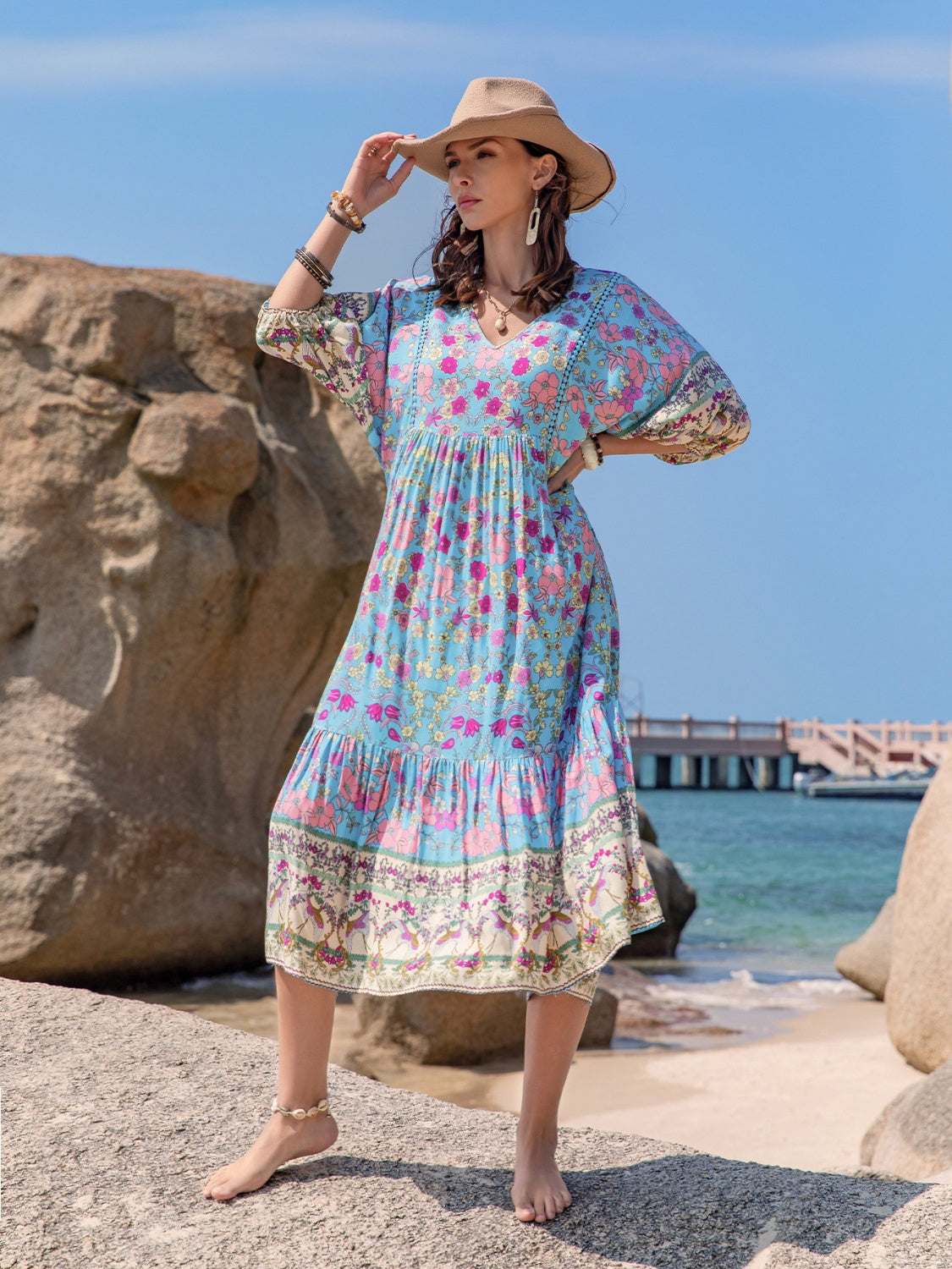 Printed Puff Sleeve Ruched Midi Dress.