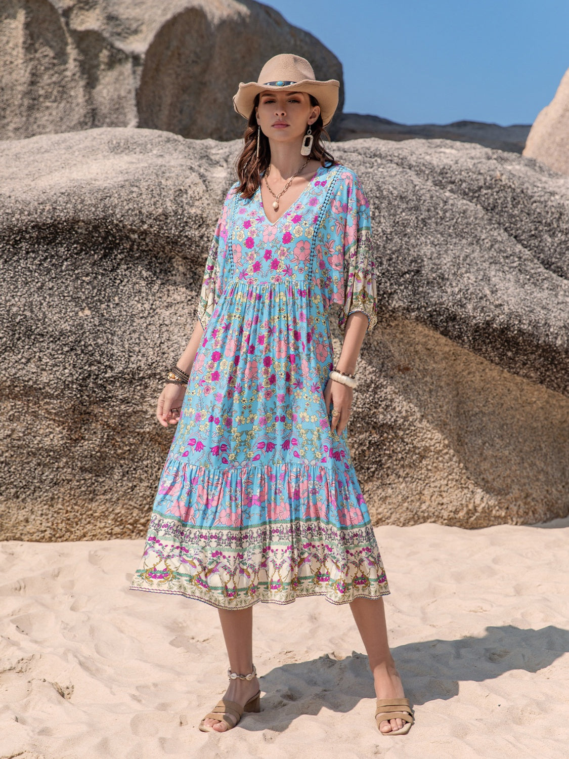 Printed Puff Sleeve Ruched Midi Dress.