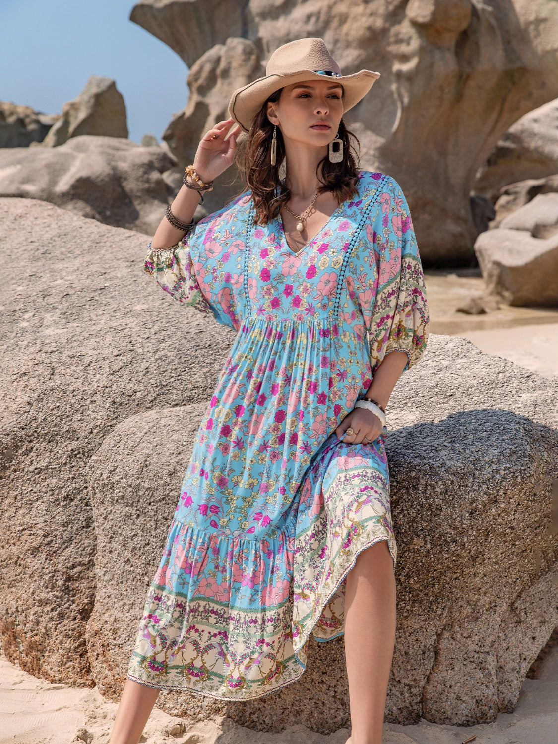 Printed Puff Sleeve Ruched Midi Dress.