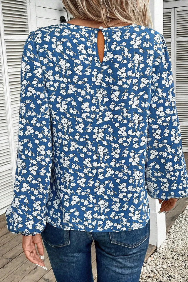 Printed Round Neck Balloon Sleeve Blouse.
