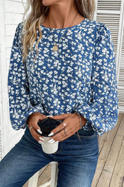 Printed Round Neck Balloon Sleeve Blouse.