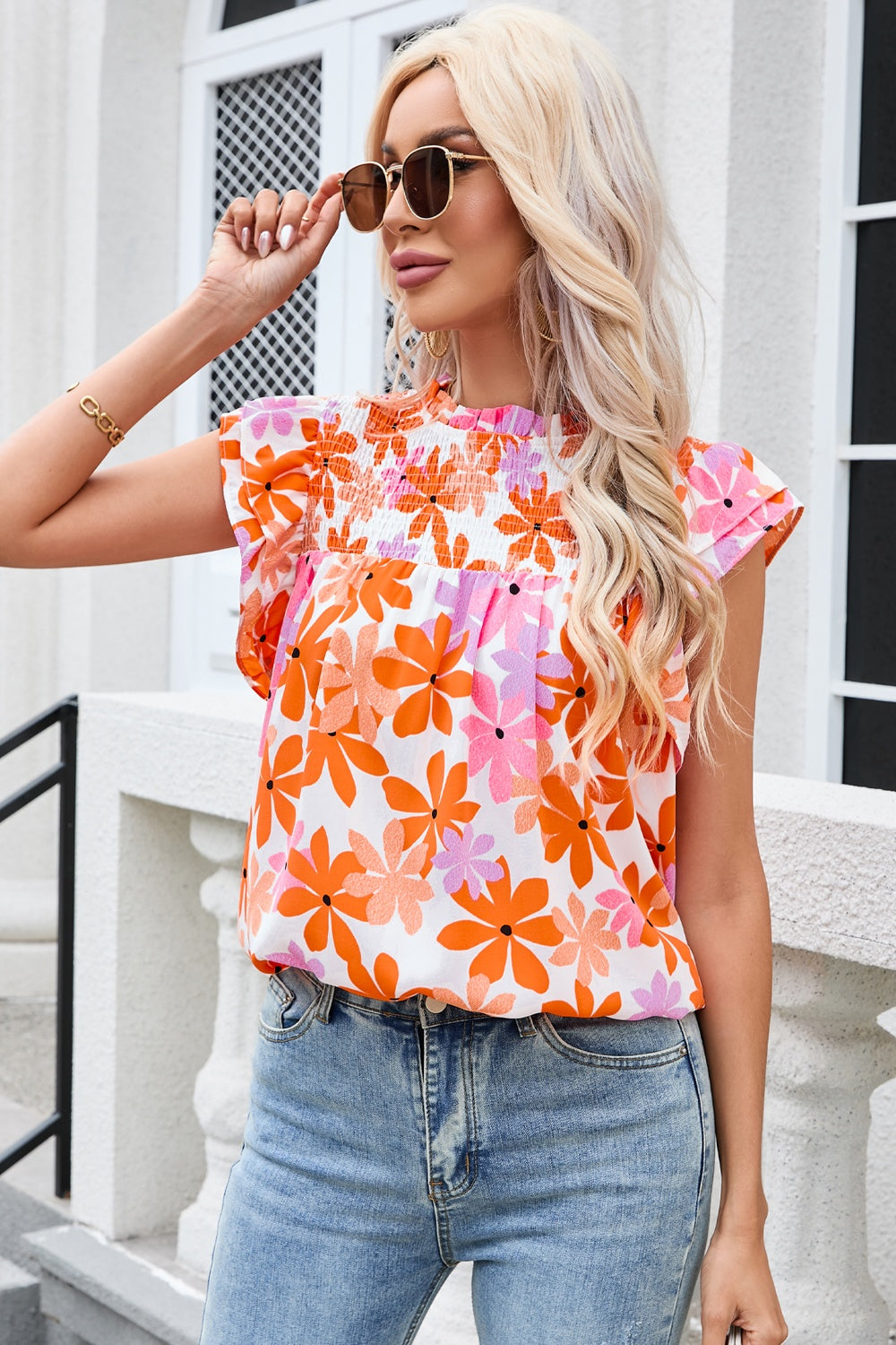 Printed Round Neck Cap Sleeve Blouse.