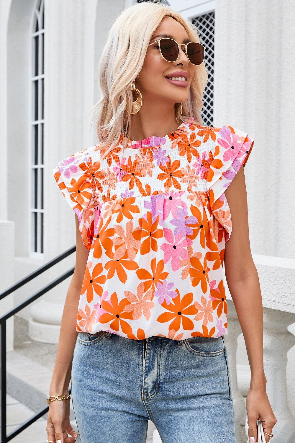 Printed Round Neck Cap Sleeve Blouse.