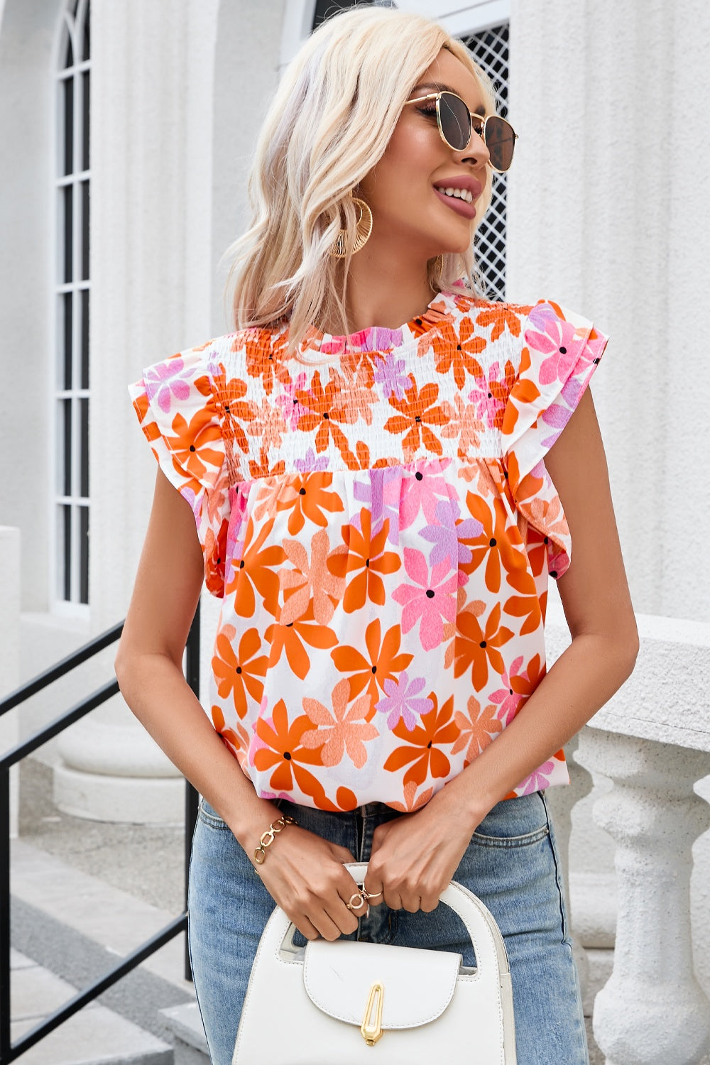 Printed Round Neck Cap Sleeve Blouse.