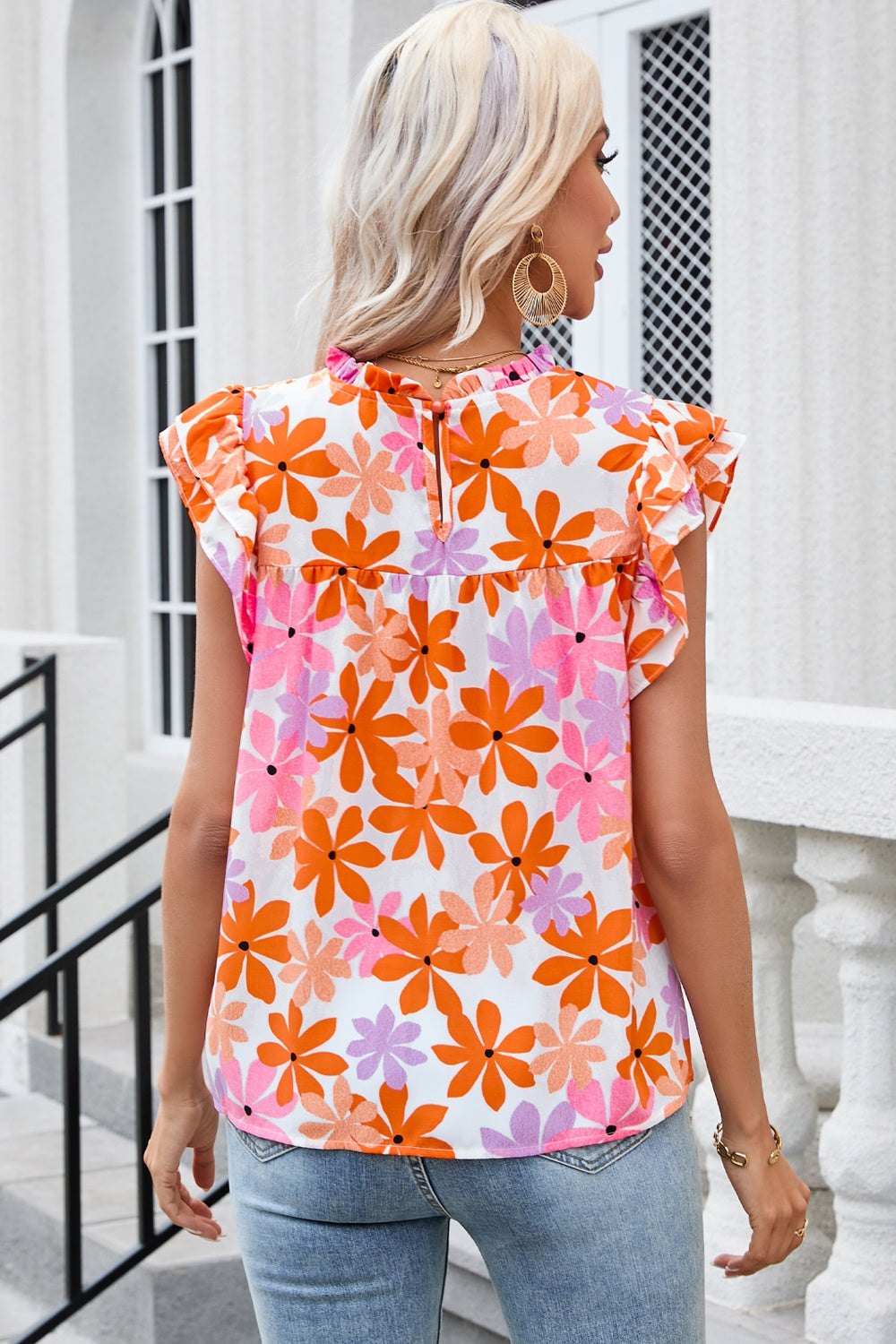 Printed Round Neck Cap Sleeve Blouse.