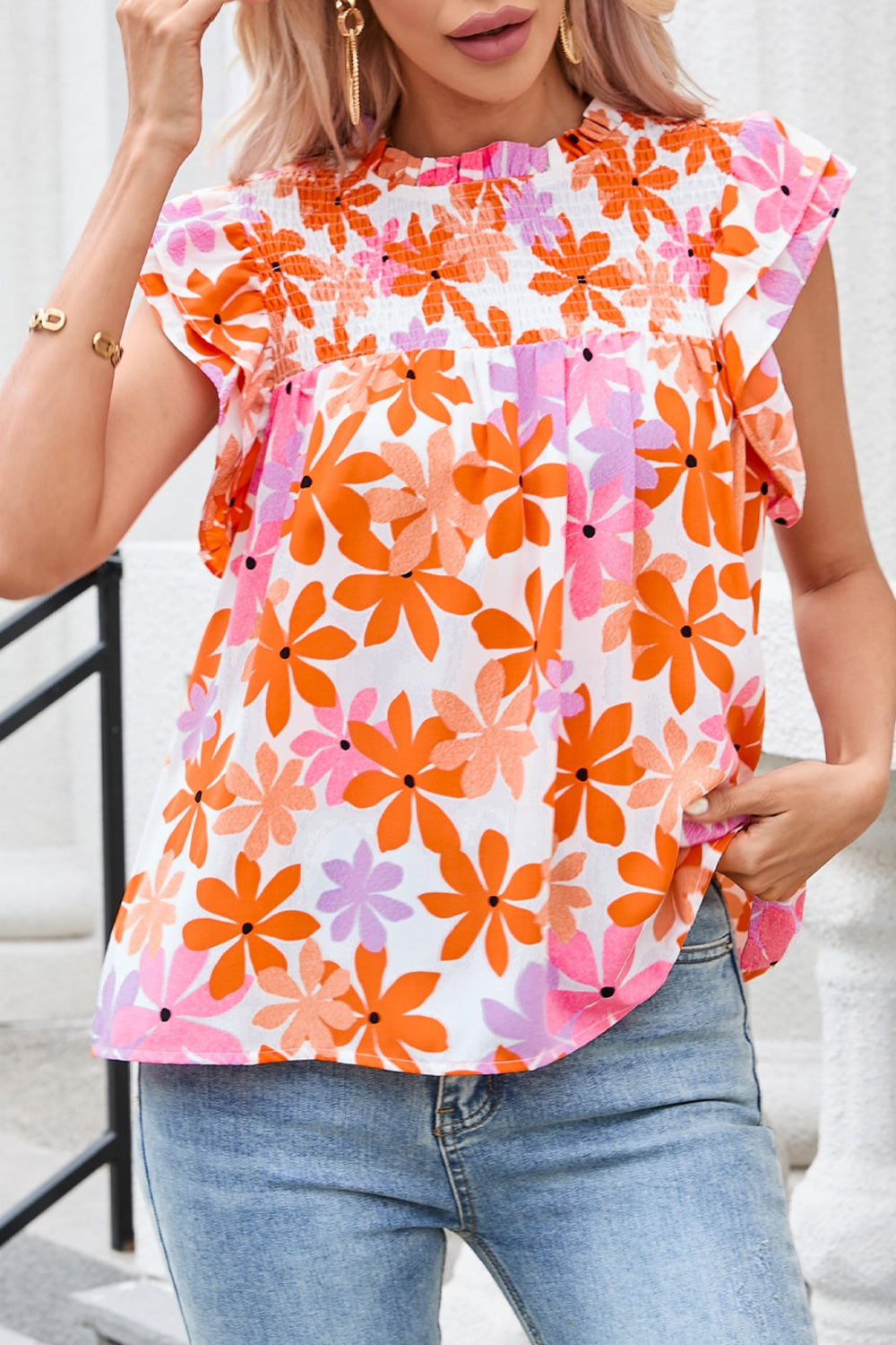 Printed Round Neck Cap Sleeve Blouse.