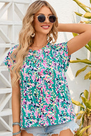 Printed Round Neck Cap Sleeve Blouse.