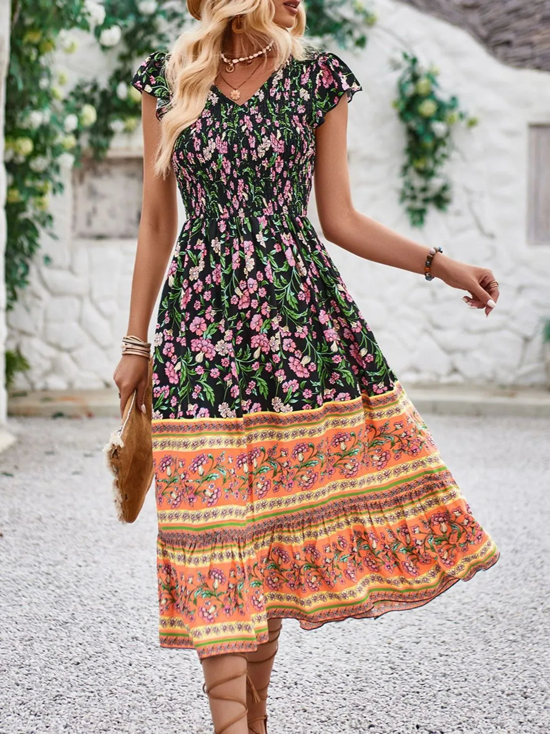 Printed Round Neck Cap Sleeve Dress.
