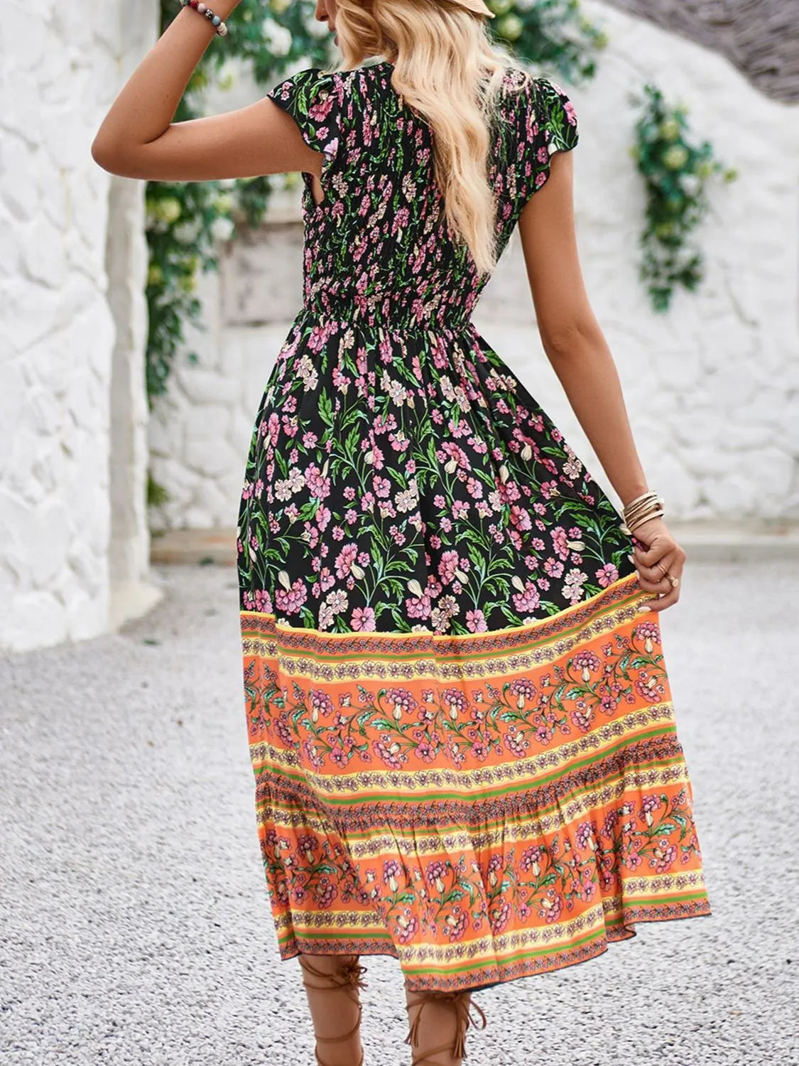 Printed Round Neck Cap Sleeve Dress.