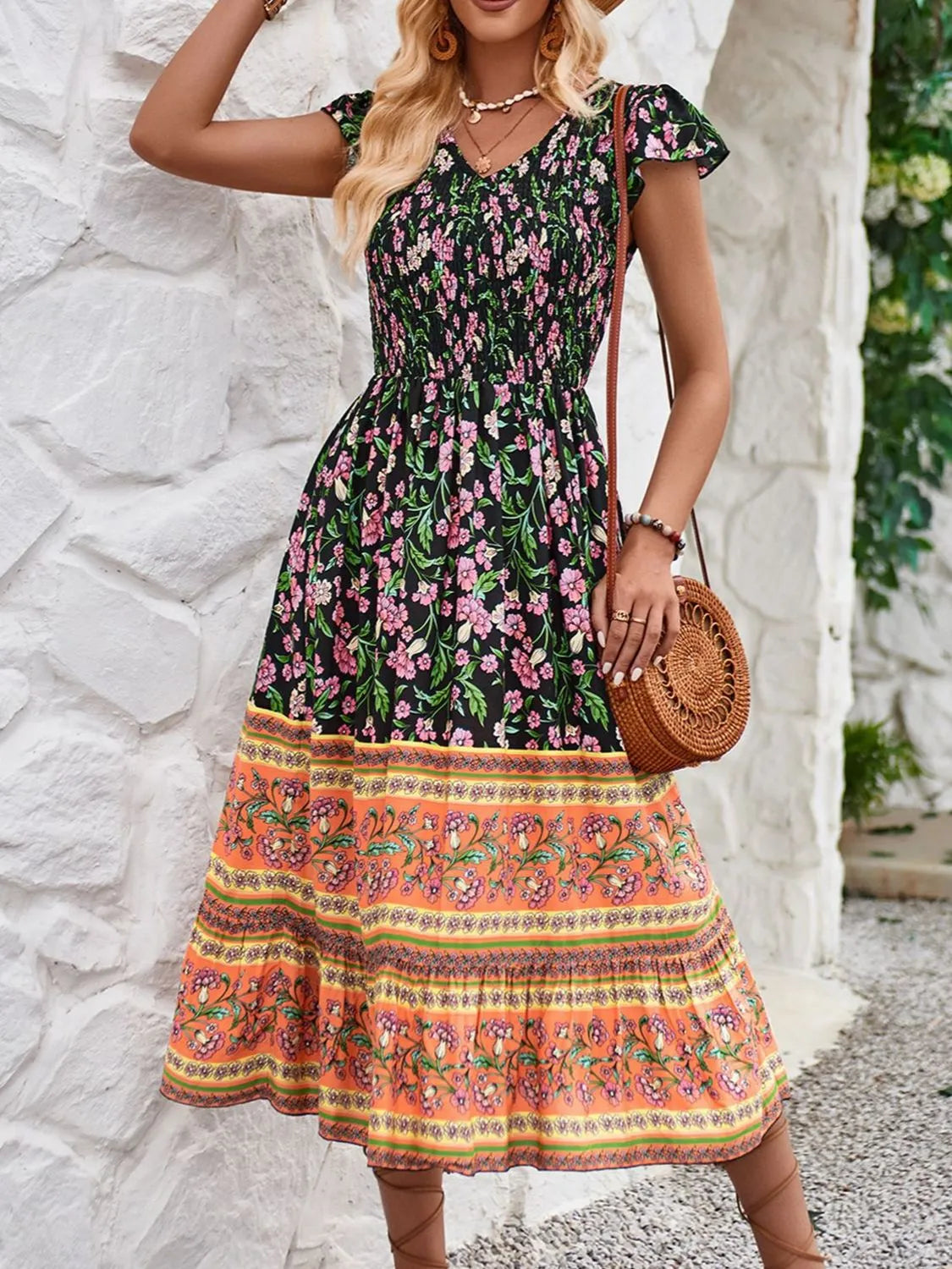 Printed Round Neck Cap Sleeve Dress.