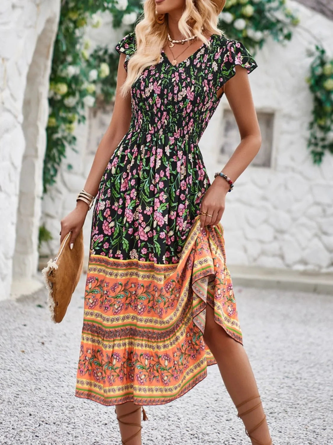 Printed Round Neck Cap Sleeve Dress.