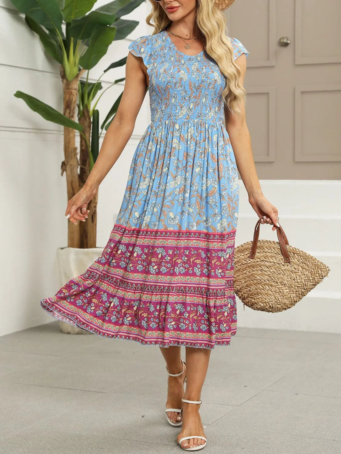 Printed Round Neck Cap Sleeve Dress.