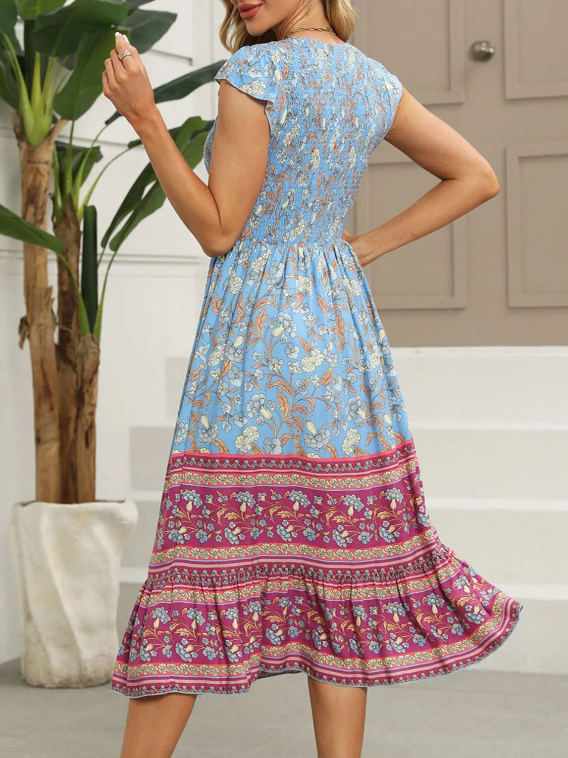 Printed Round Neck Cap Sleeve Dress.