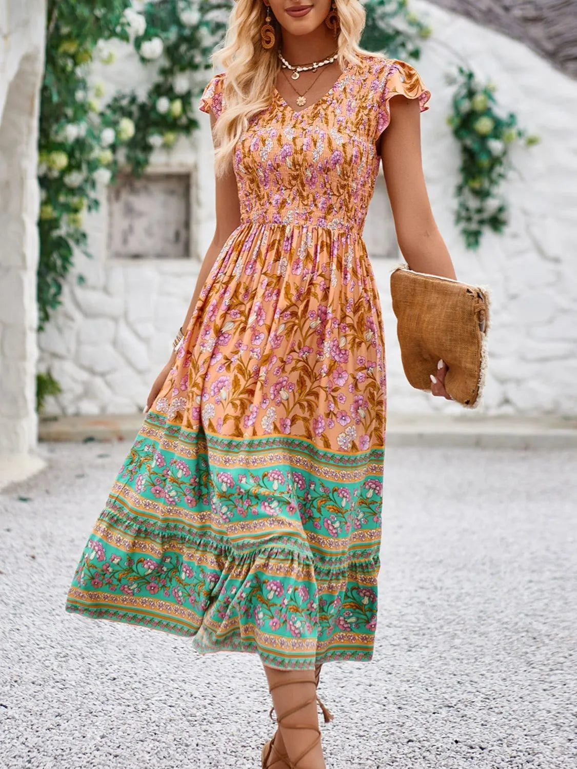 Printed Round Neck Cap Sleeve Dress.