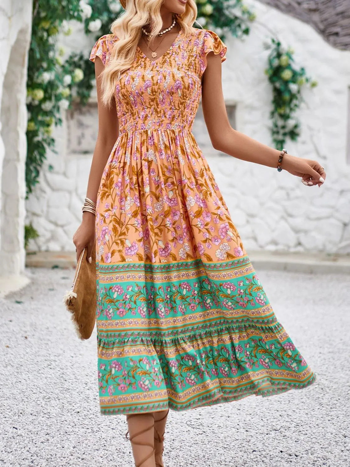 Printed Round Neck Cap Sleeve Dress.