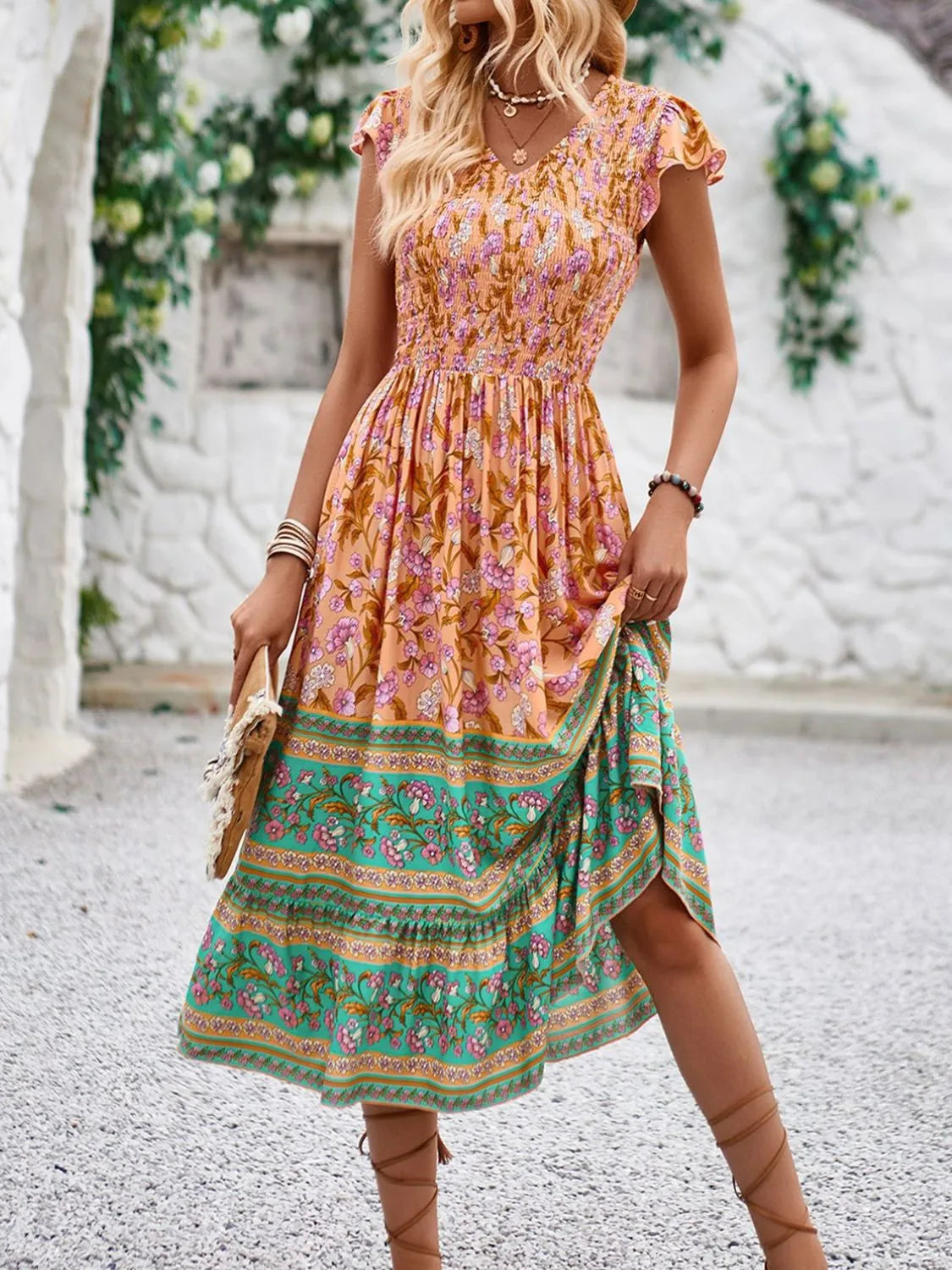 Printed Round Neck Cap Sleeve Dress.