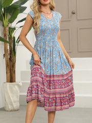 Printed Round Neck Cap Sleeve Dress.