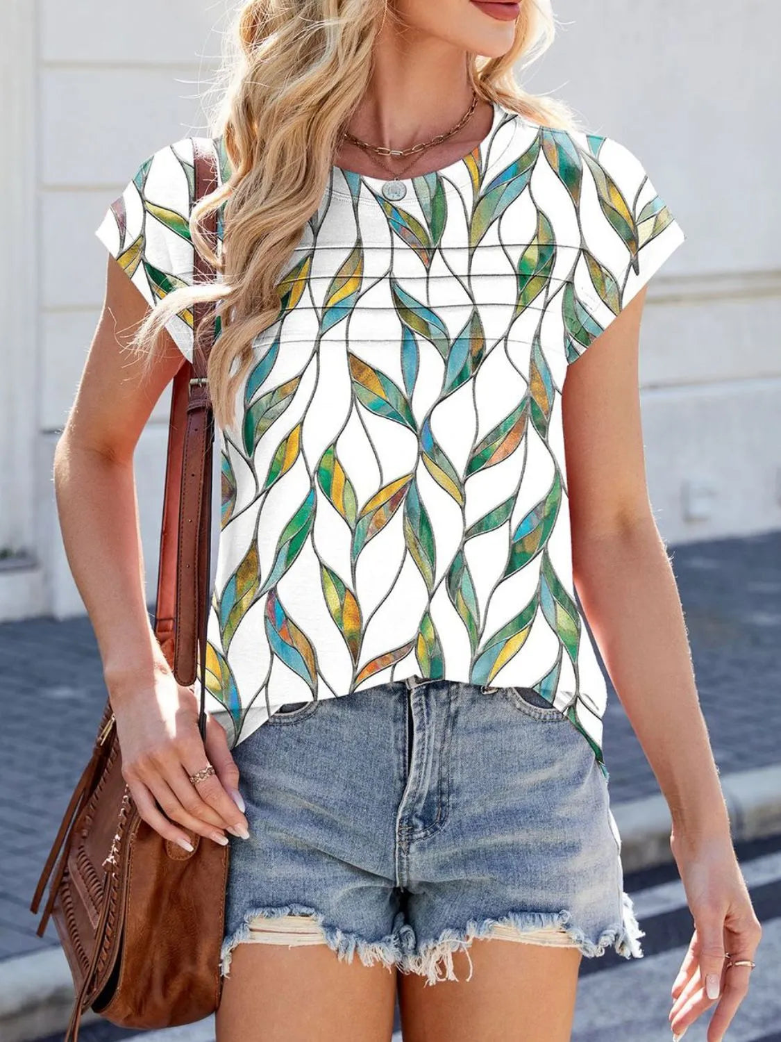 Printed Round Neck Cap Sleeve Top.