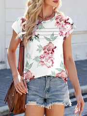 Printed Round Neck Cap Sleeve Top.