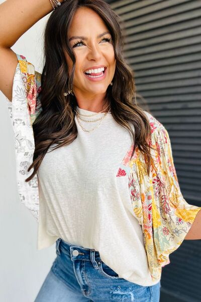 Printed Round Neck Flutter Sleeve Blouse.