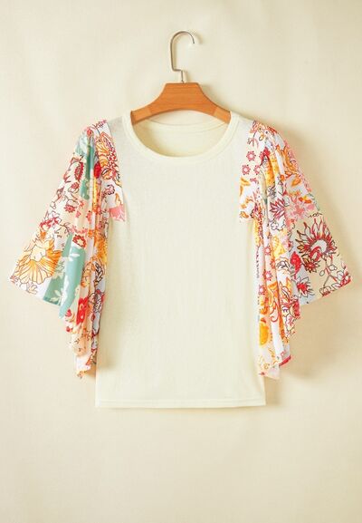 Printed Round Neck Flutter Sleeve Blouse.