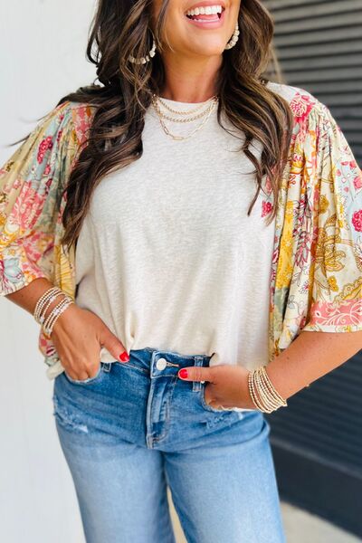 Printed Round Neck Flutter Sleeve Blouse.
