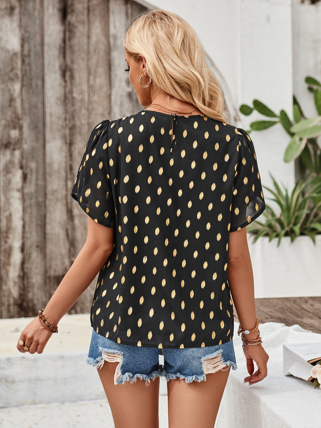 Printed Round Neck Petal Sleeve Blouse.