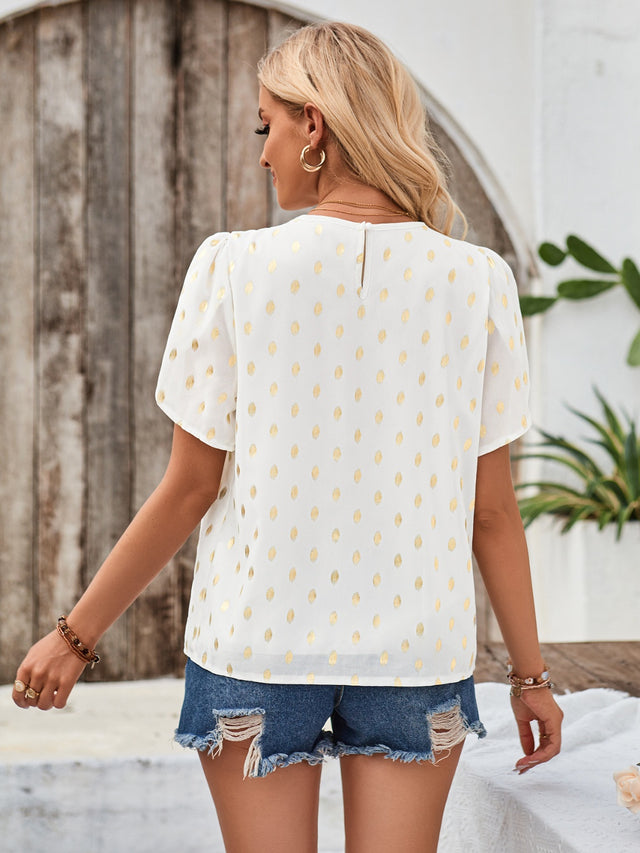 Printed Round Neck Petal Sleeve Blouse.