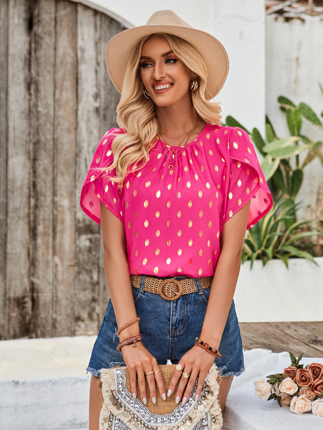 Printed Round Neck Petal Sleeve Blouse.