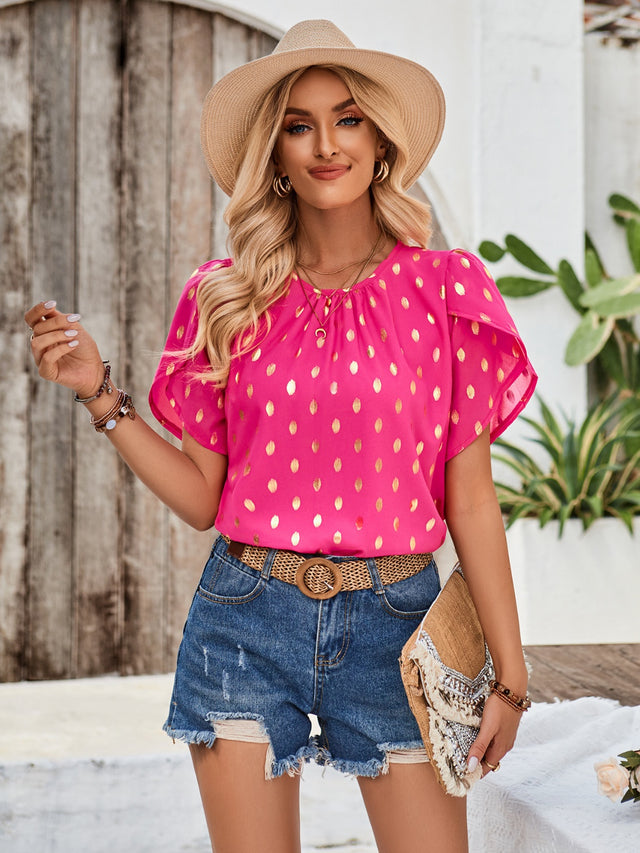 Printed Round Neck Petal Sleeve Blouse.