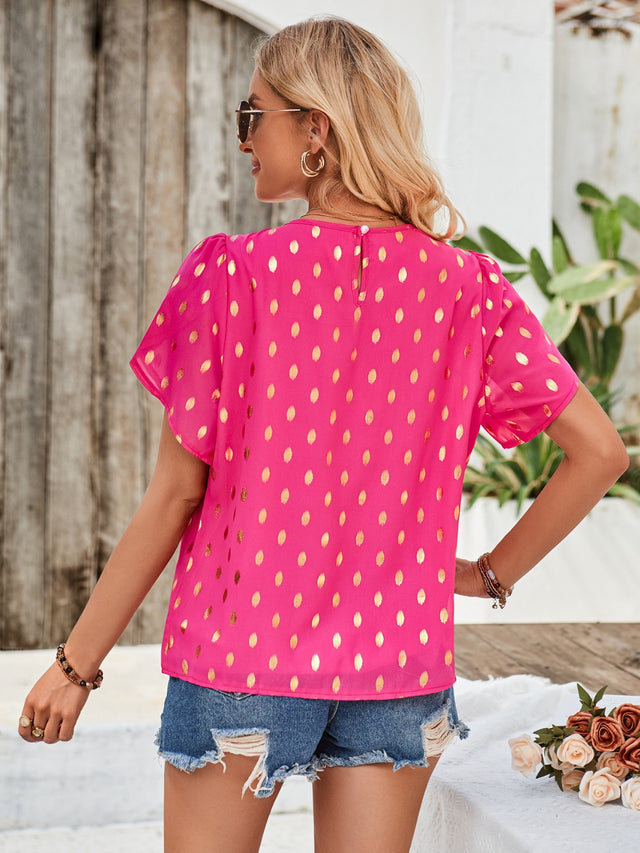 Printed Round Neck Petal Sleeve Blouse.