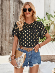 Printed Round Neck Petal Sleeve Blouse.