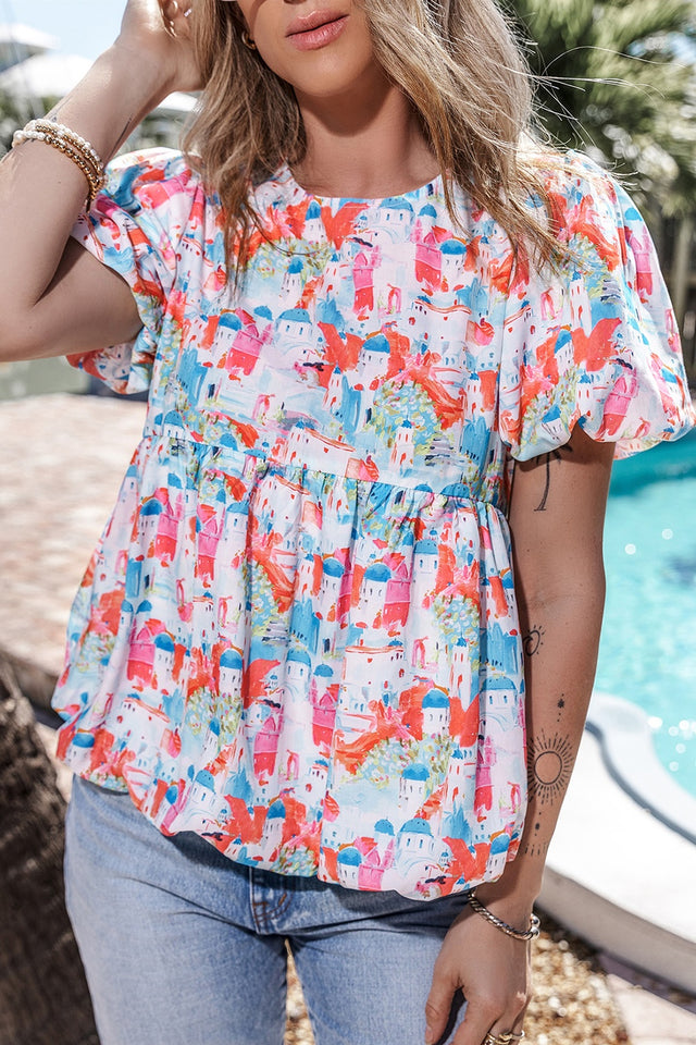 Printed Round Neck Puff Sleeve Blouse.