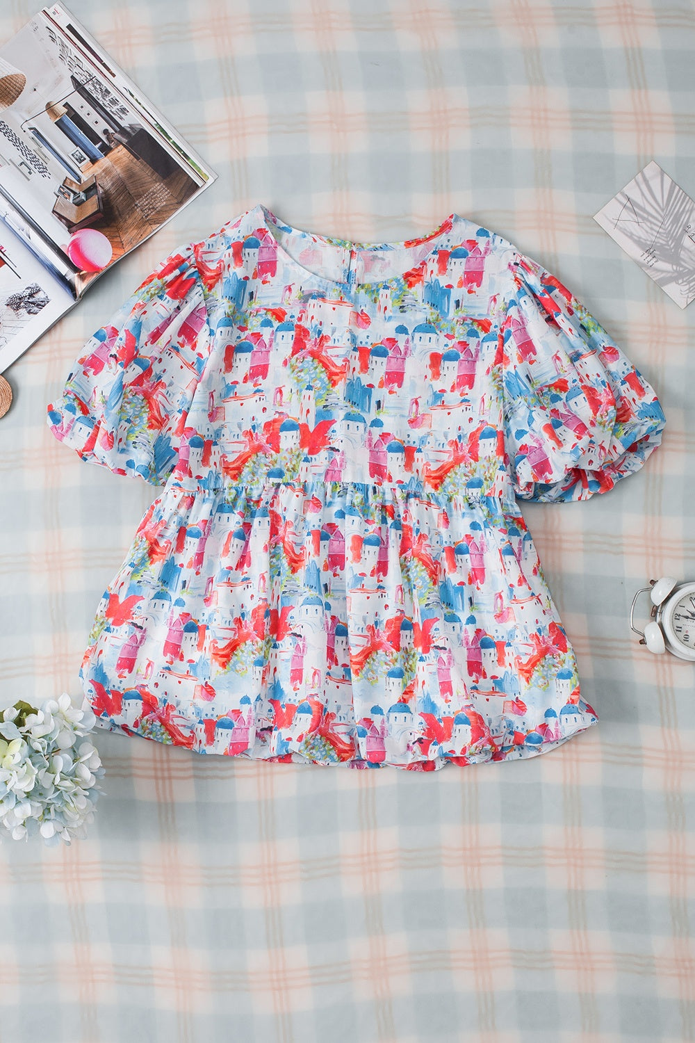 Printed Round Neck Puff Sleeve Blouse.