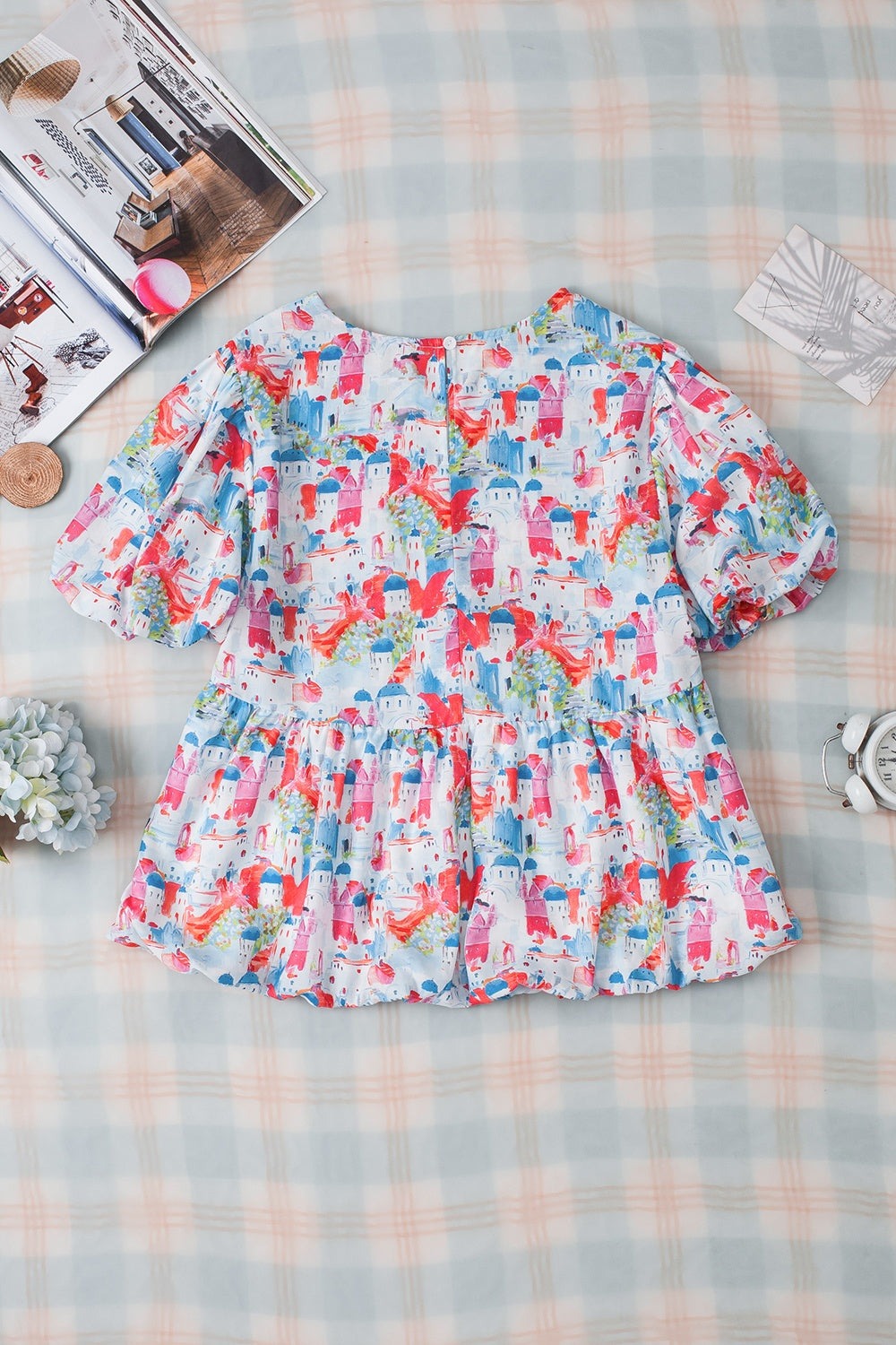 Printed Round Neck Puff Sleeve Blouse.