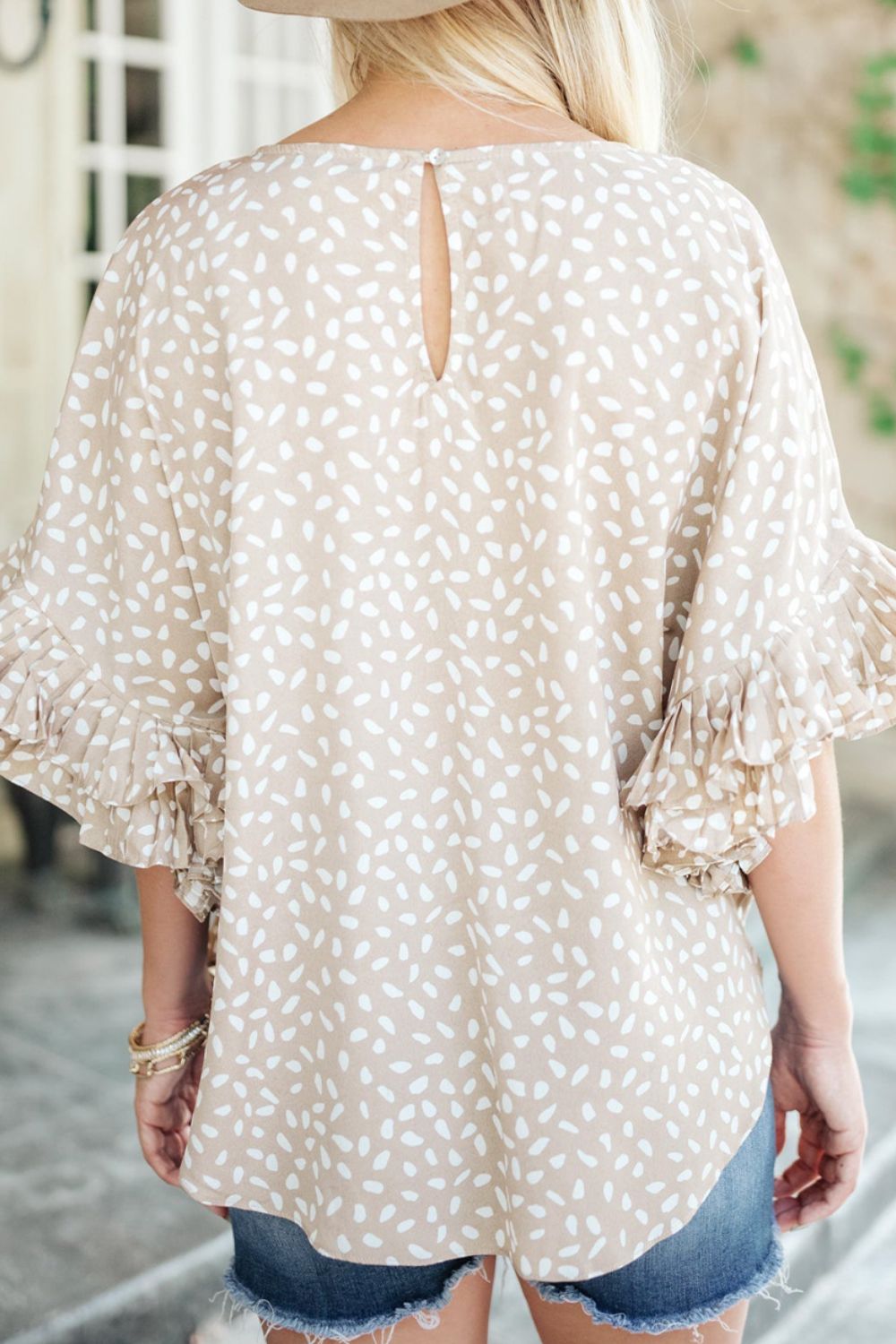 Printed Round Neck Ruffled Half Sleeve Blouse.