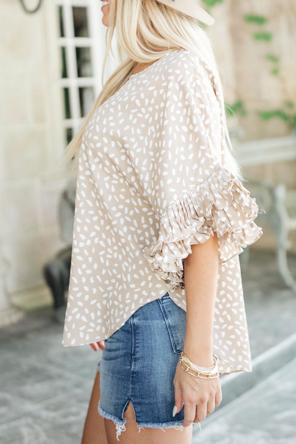 Printed Round Neck Ruffled Half Sleeve Blouse.