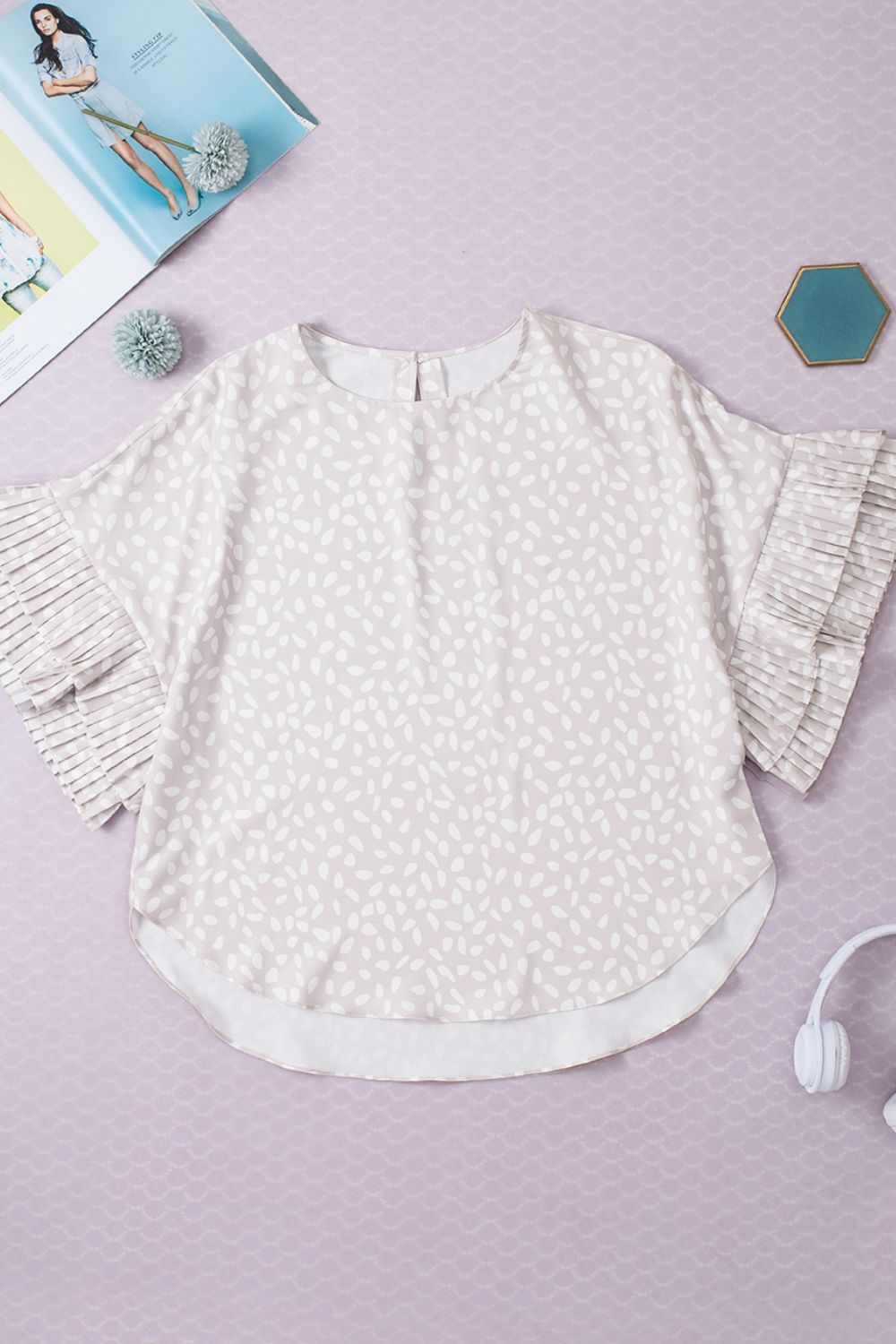 Printed Round Neck Ruffled Half Sleeve Blouse.