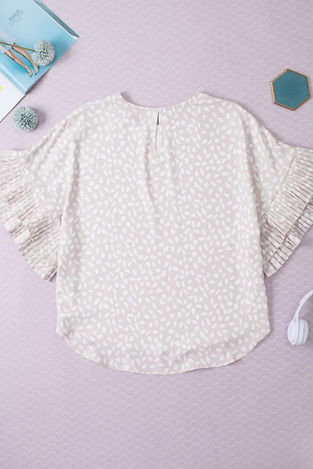 Printed Round Neck Ruffled Half Sleeve Blouse.