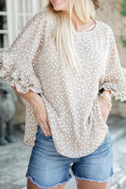 Printed Round Neck Ruffled Half Sleeve Blouse.