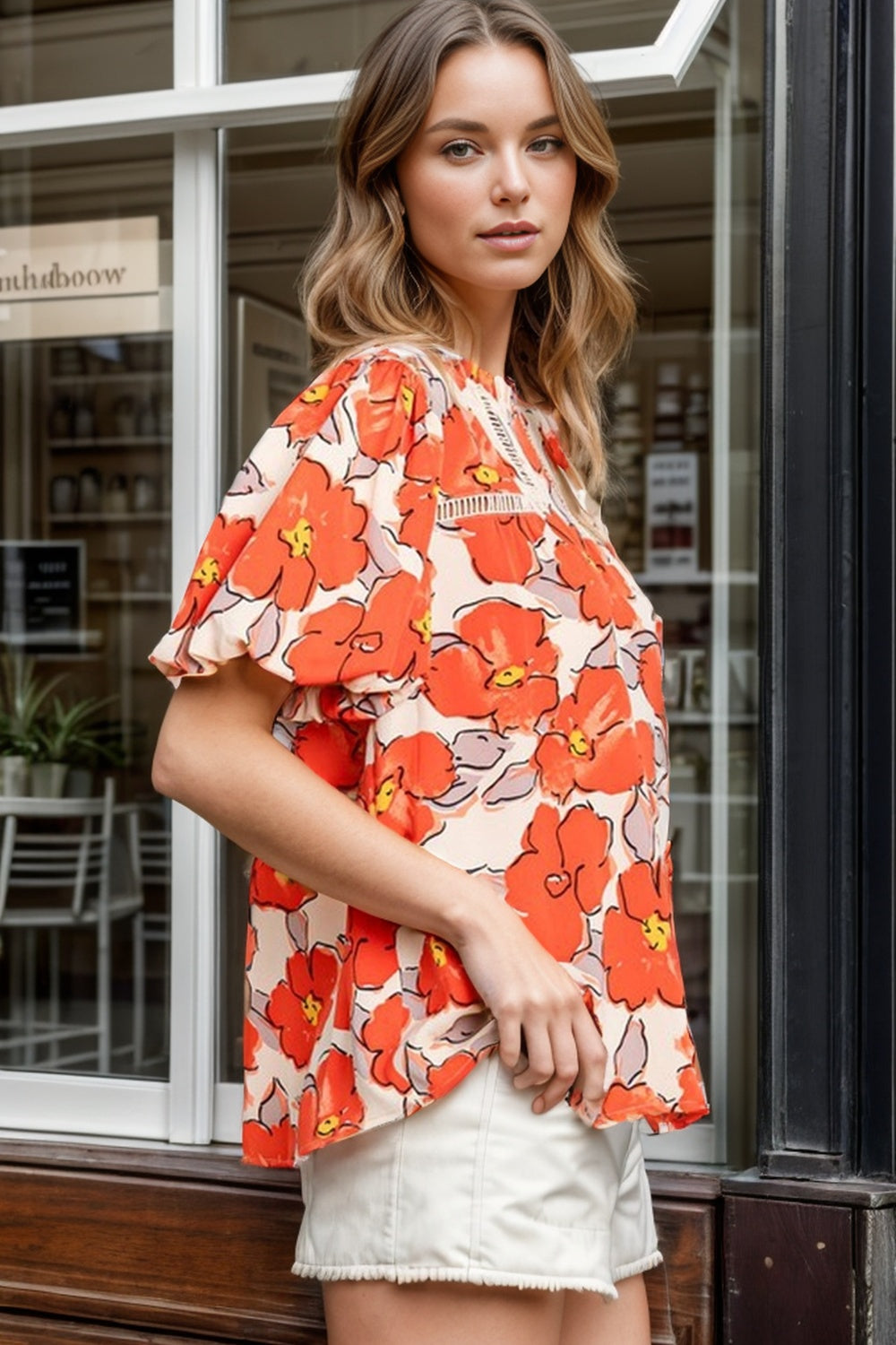 Printed Round Neck Short Sleeve Blouse.