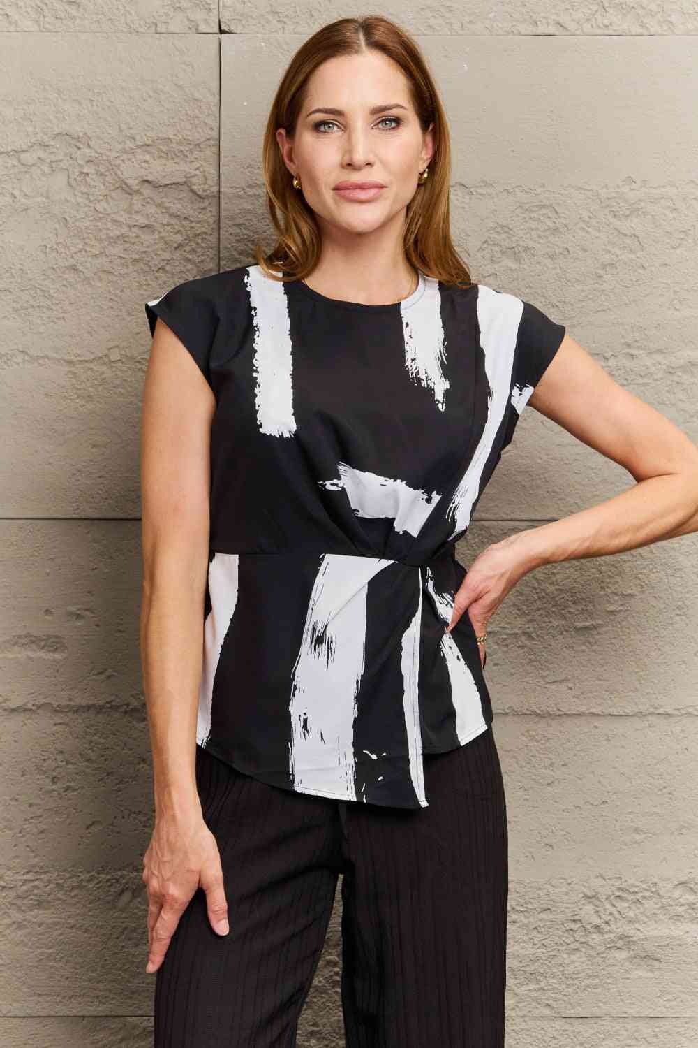 Perfee Printed Round Neck Short Sleeve Blouse.