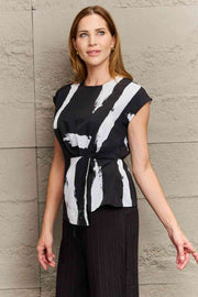 Perfee Printed Round Neck Short Sleeve Blouse.