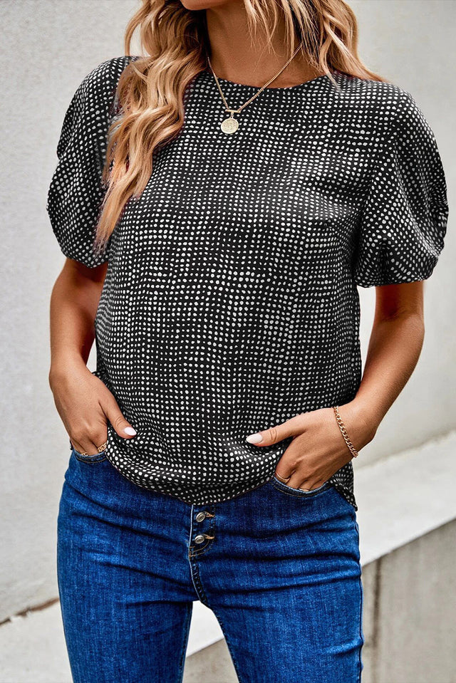 Printed Round Neck Short Sleeve Blouse.