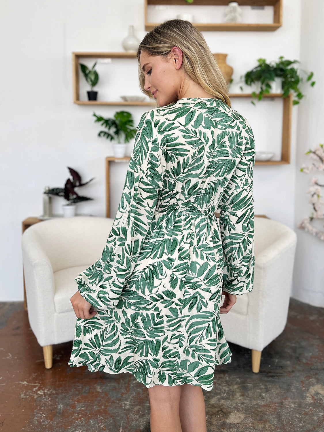 Double Take Full Size Printed Ruched Balloon Sleeve Dress.