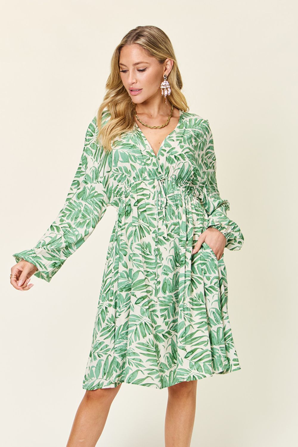 Double Take Full Size Printed Ruched Balloon Sleeve Dress.