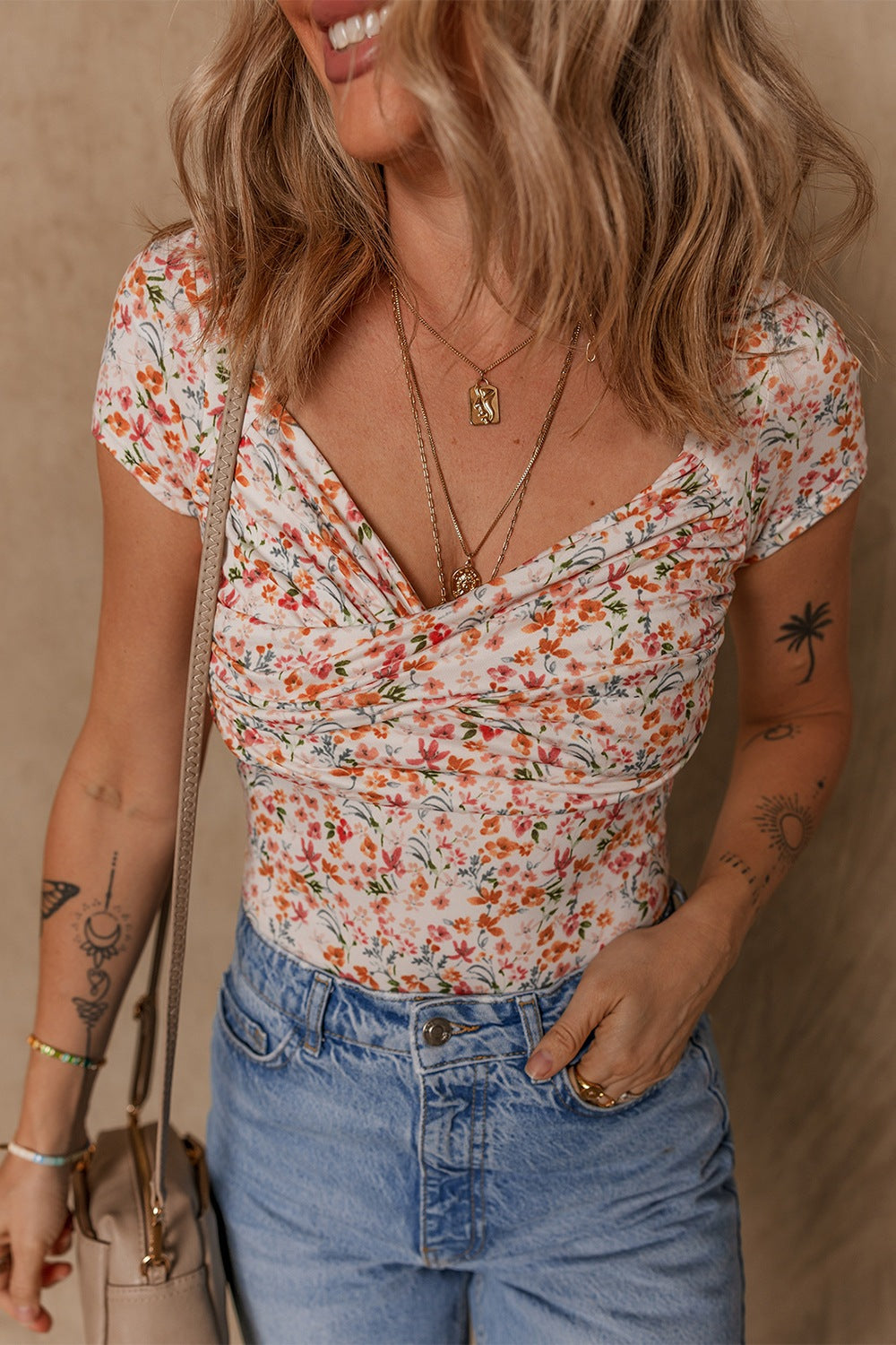 Printed Ruched Short Sleeve Bodysuit.